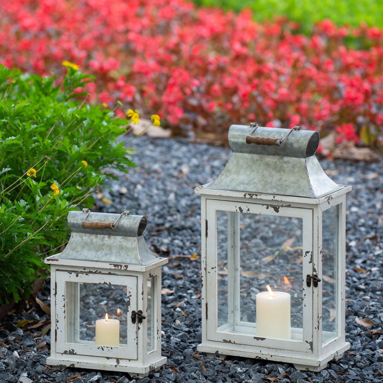 Edge Collections - White - Evelyn Wooden Candle Lantern Decorative Hurricane Lantern Holder - 2 Piece